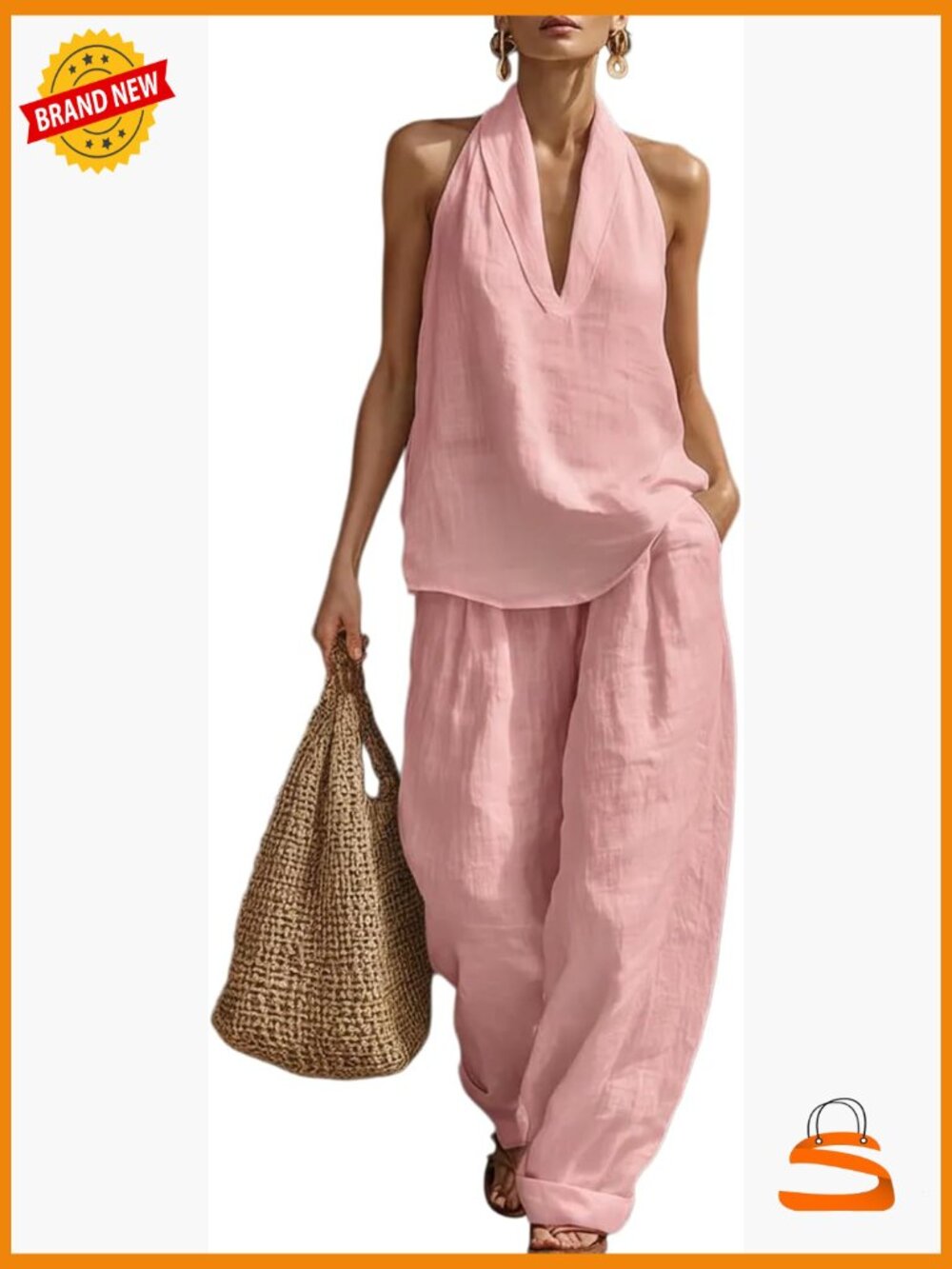 Womens Linen 2 Piece Set Sleeveless V Neck Halter Top Wide Leg Pants Summer